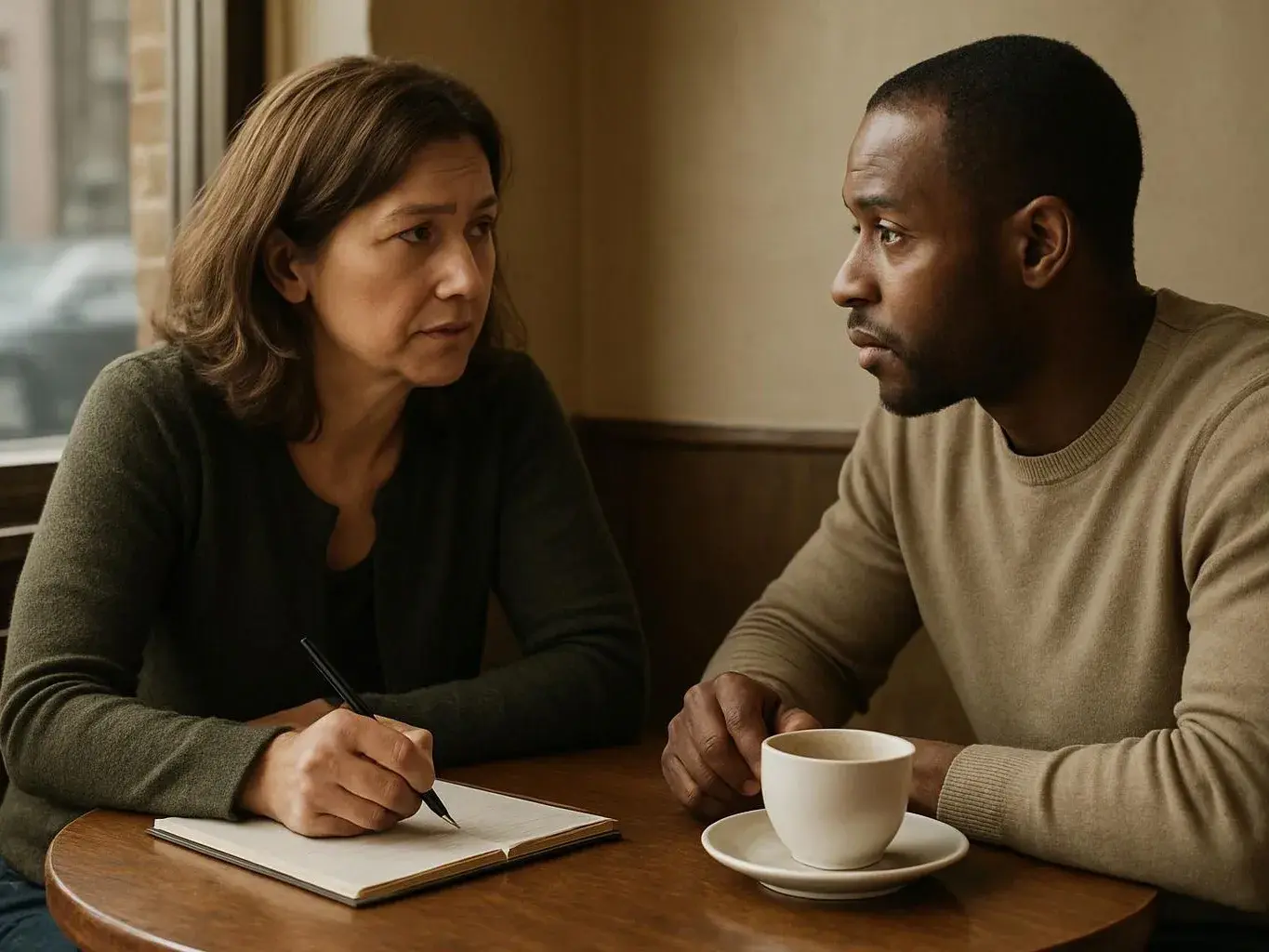Two people sit across a table in a café, one writing in a notebook while they talk quietly