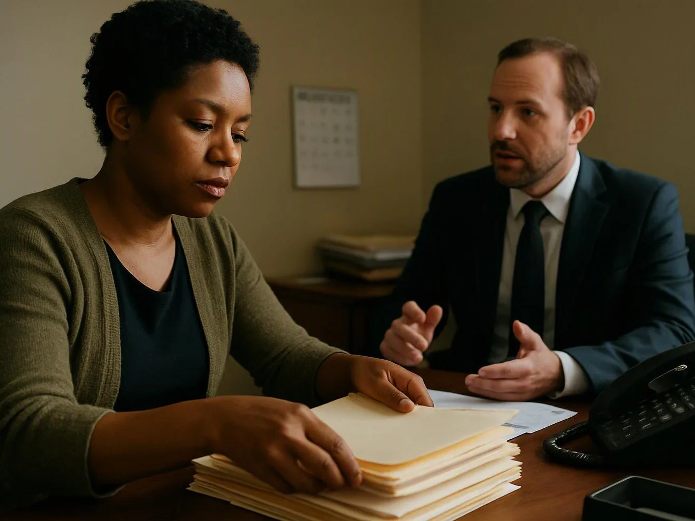 Two people sit at a desk, one sorting paper folders while the other talks beside a telephone in a plain office