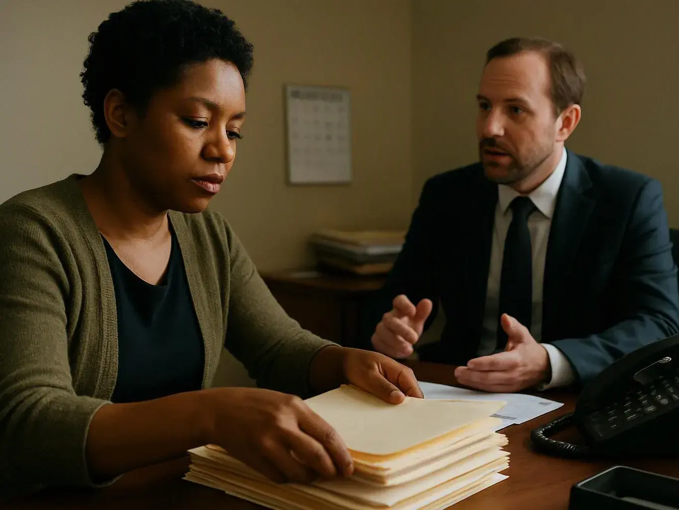 Two people sit at a desk, one sorting a stack of papers while the other talks beside a phone