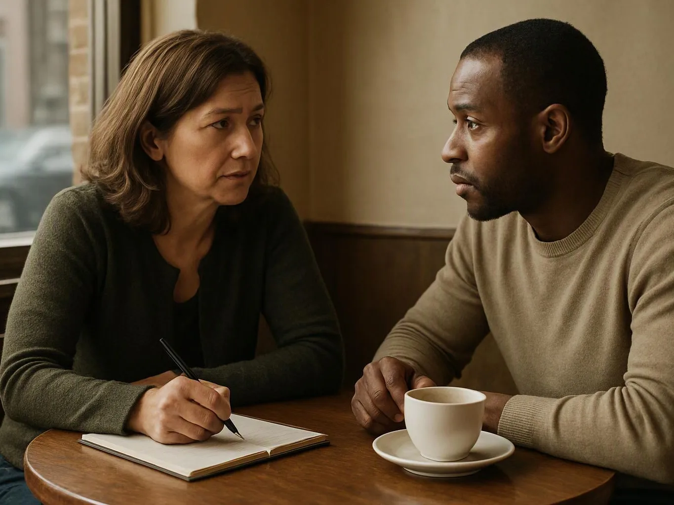 Two people sit at a table in a café, one writing in a notebook while they talk over a cup of coffee