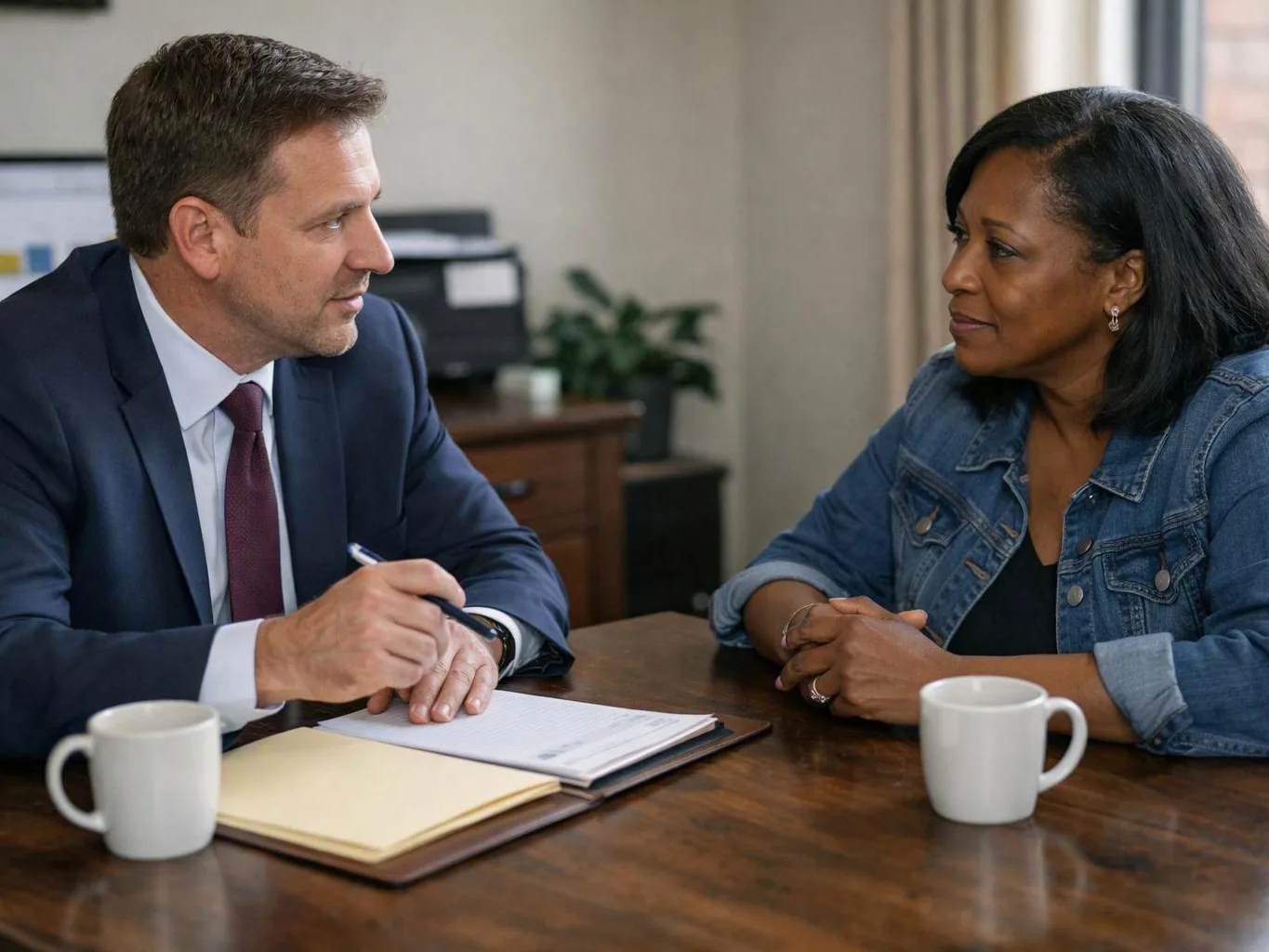 Two people sit at a table in a meeting room, talking over papers with coffee mugs nearby