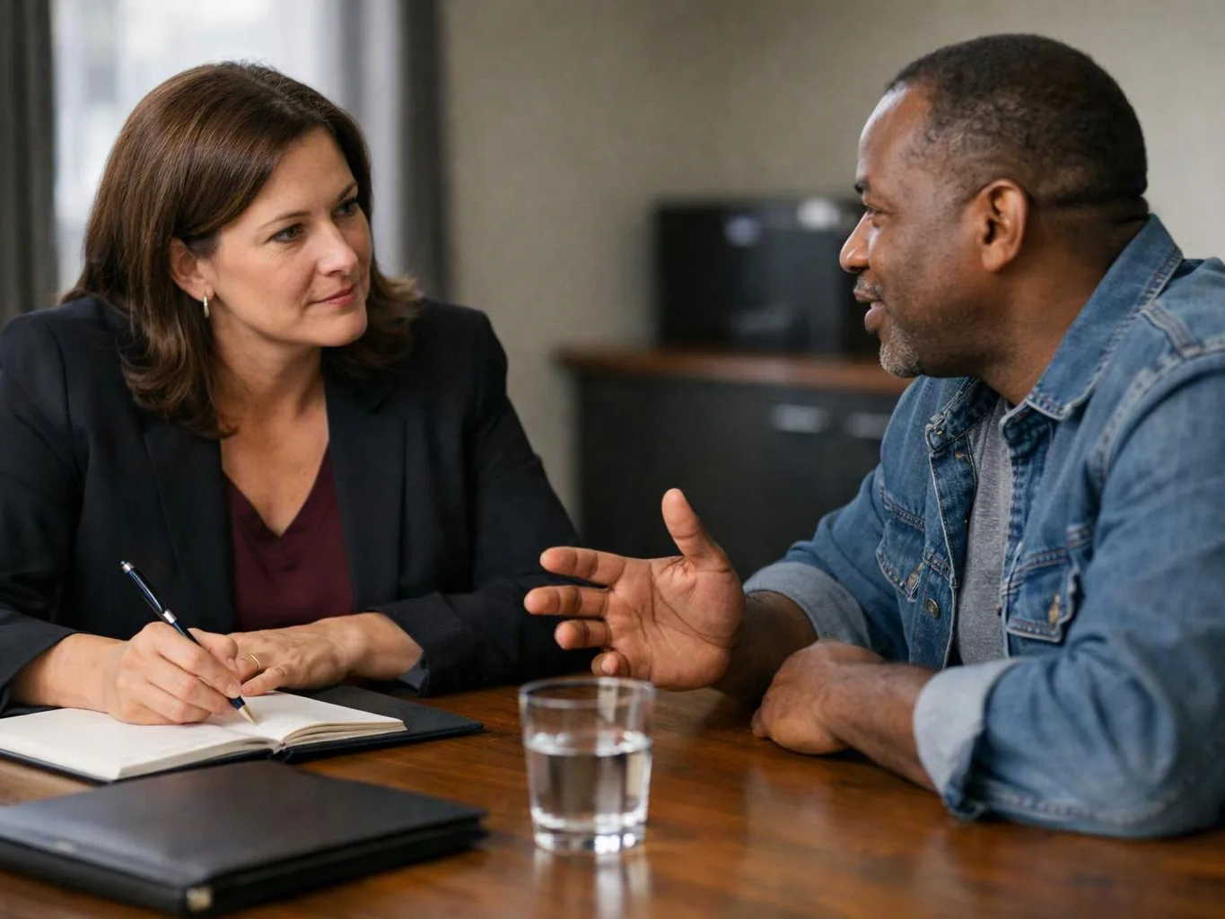 Two people sit at a table, one writing in a notebook while the other gestures during their conversation