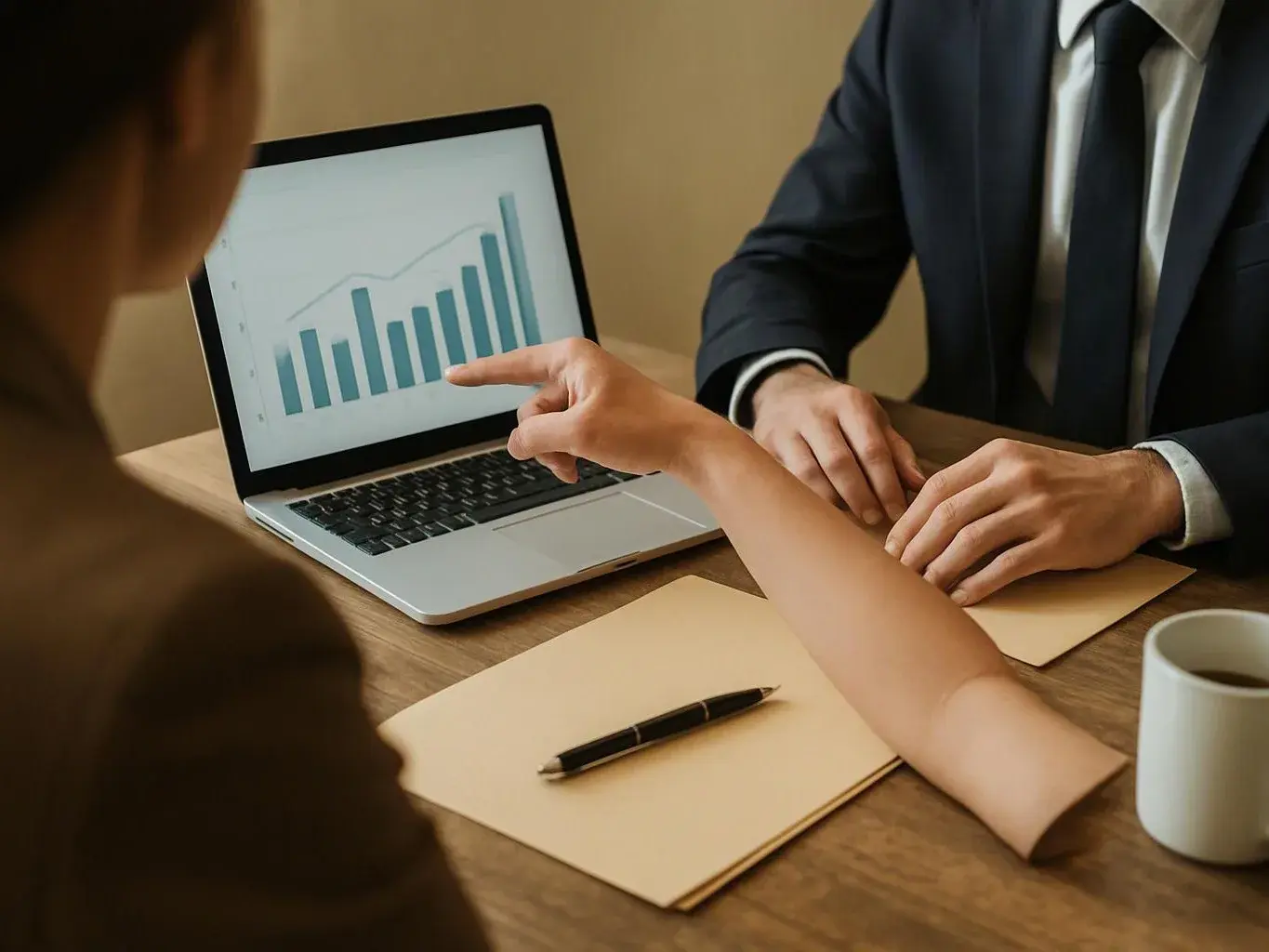 Two people sit at a table reviewing a laptop chart with a pointing hand and folders nearby