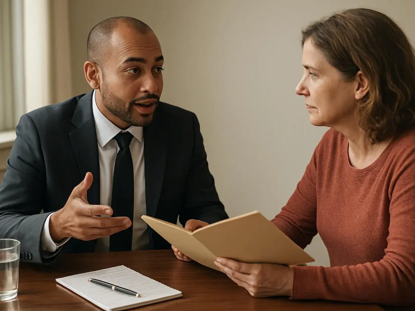 Two people sit at a table, talking as one holds a folder and the other gestures beside a notebook and glass of water