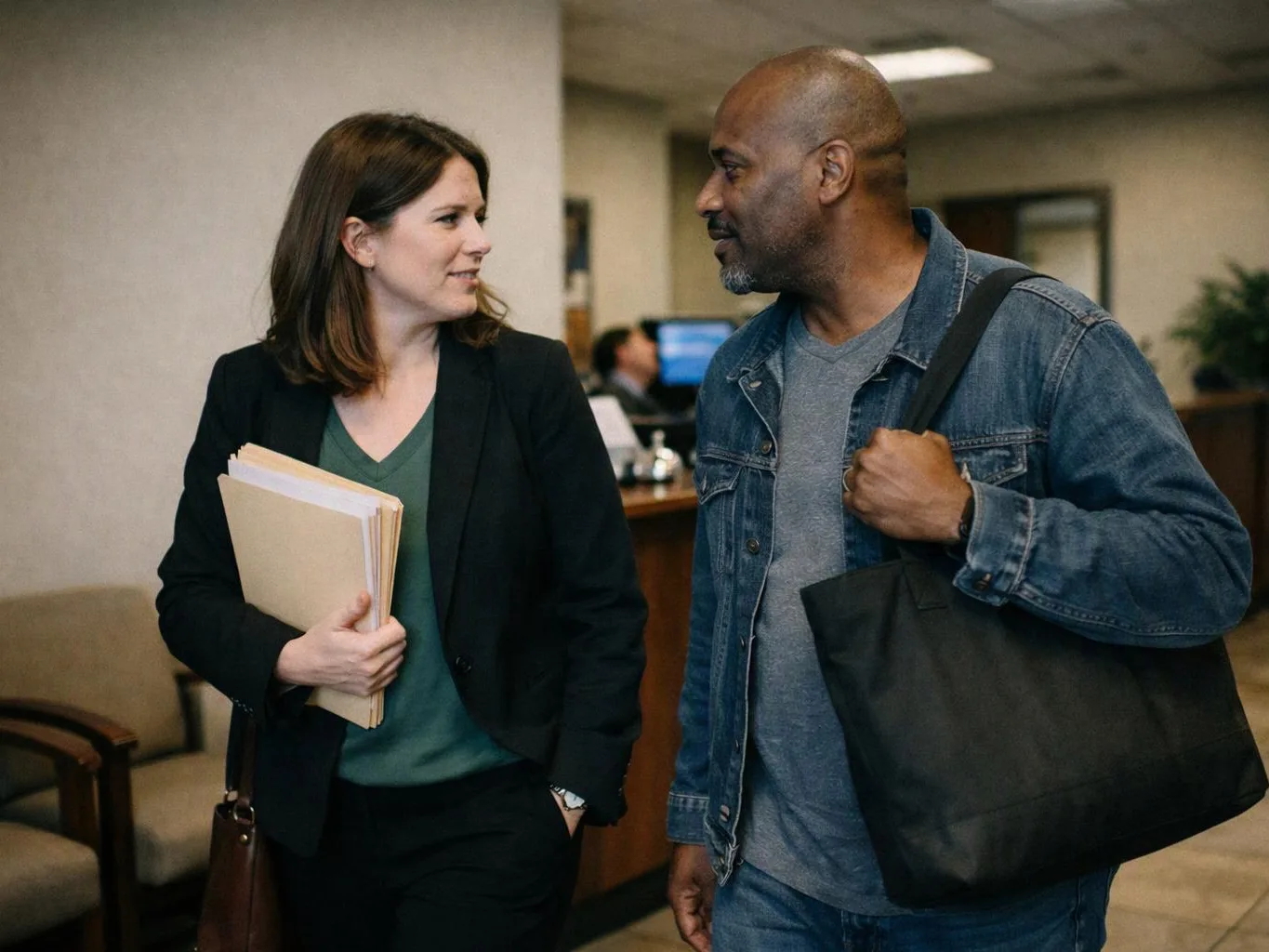 Two people walk through an office lobby, talking while carrying folders and a black tote bag