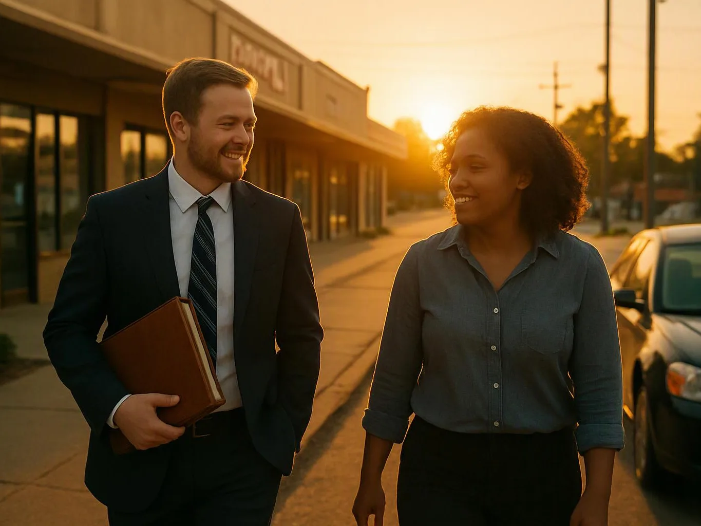 Two smiling coworkers walk past storefronts at sunset, one carrying a brown folder