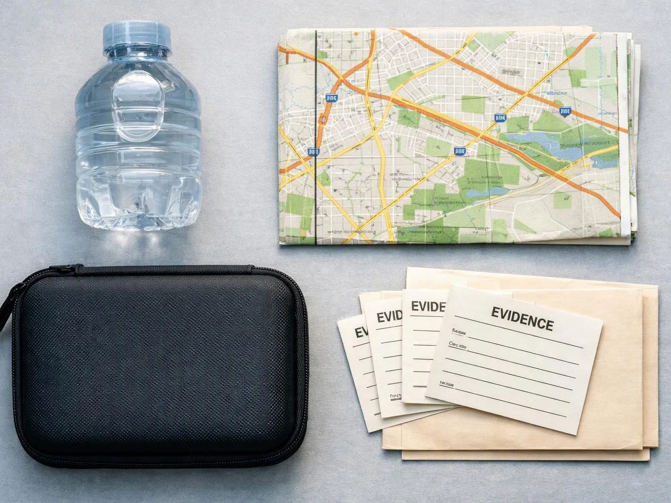 A water bottle, folded map, black zip case, and evidence cards lie neatly on a gray surface