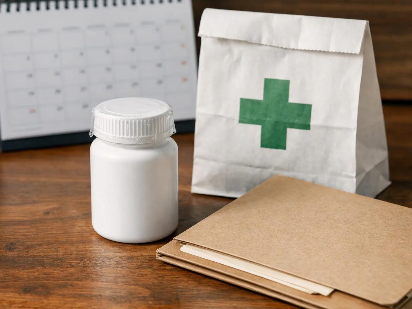 A white pill bottle, a paper bag with a green cross, a calendar, and a tan envelope sit on a wooden table