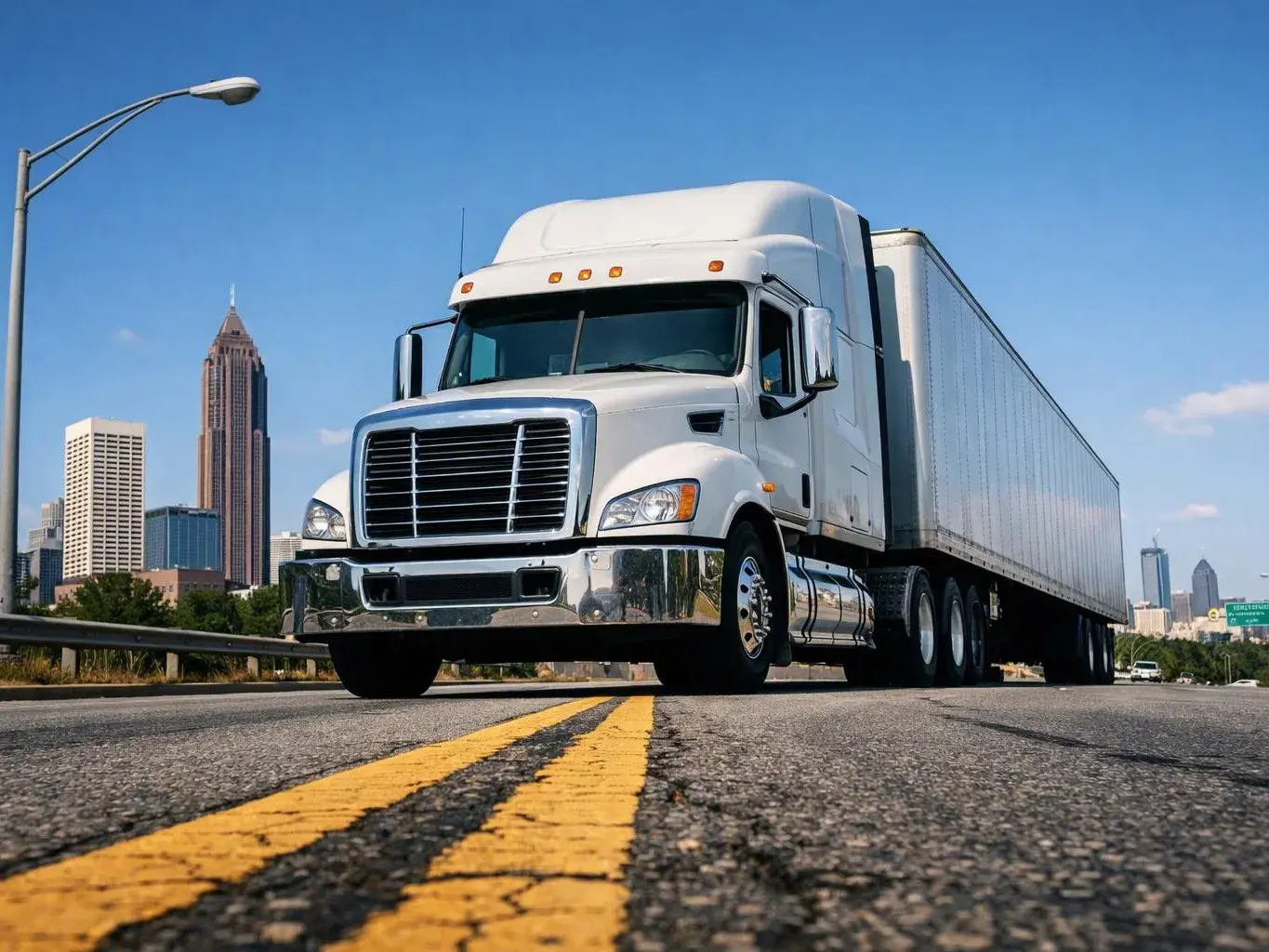 A white semi truck with a long trailer drives on a highway beside a city skyline under a clear blue sky