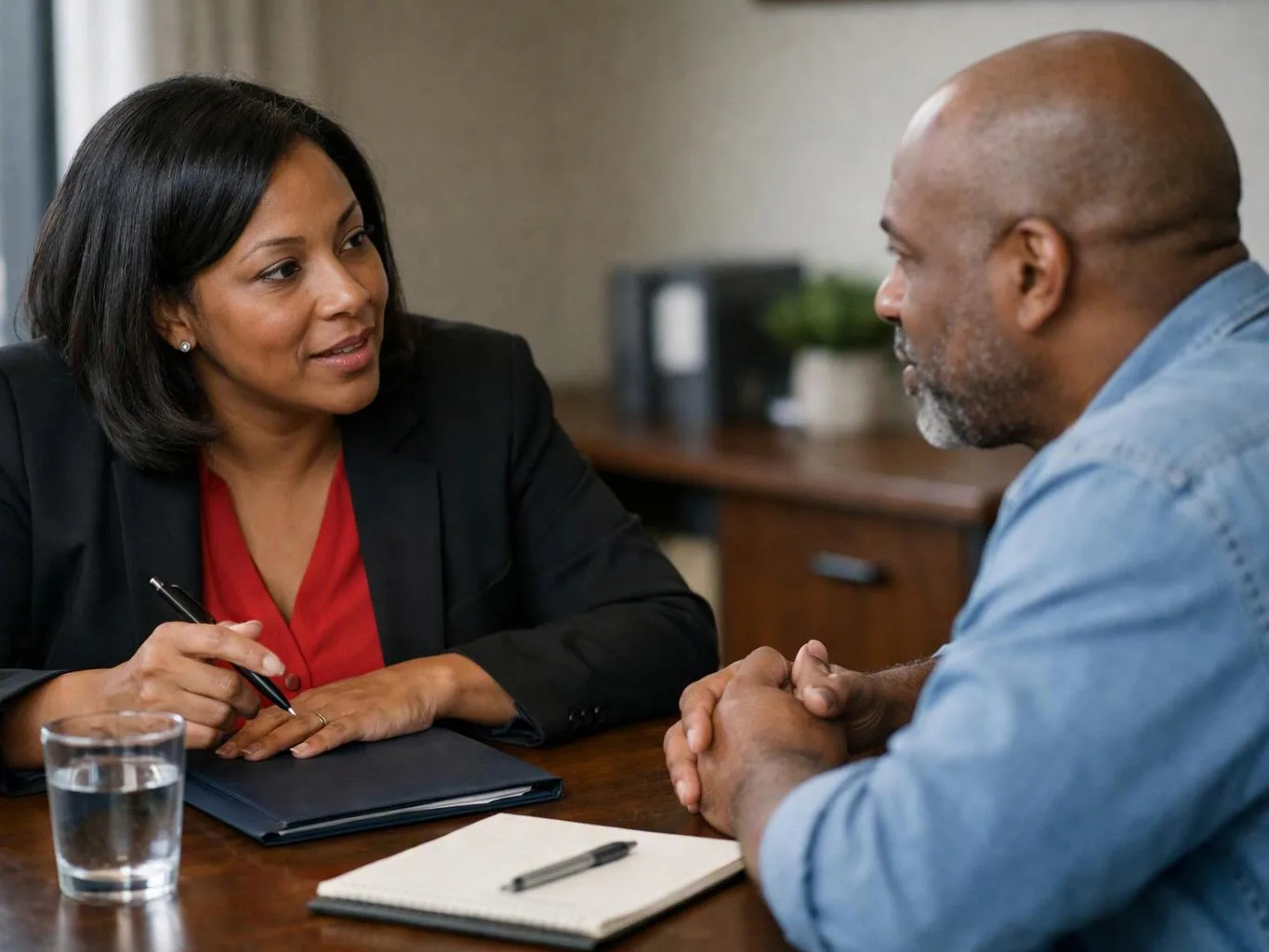 A woman in a blazer talks with a man across a desk, with notebooks and a glass of water nearby