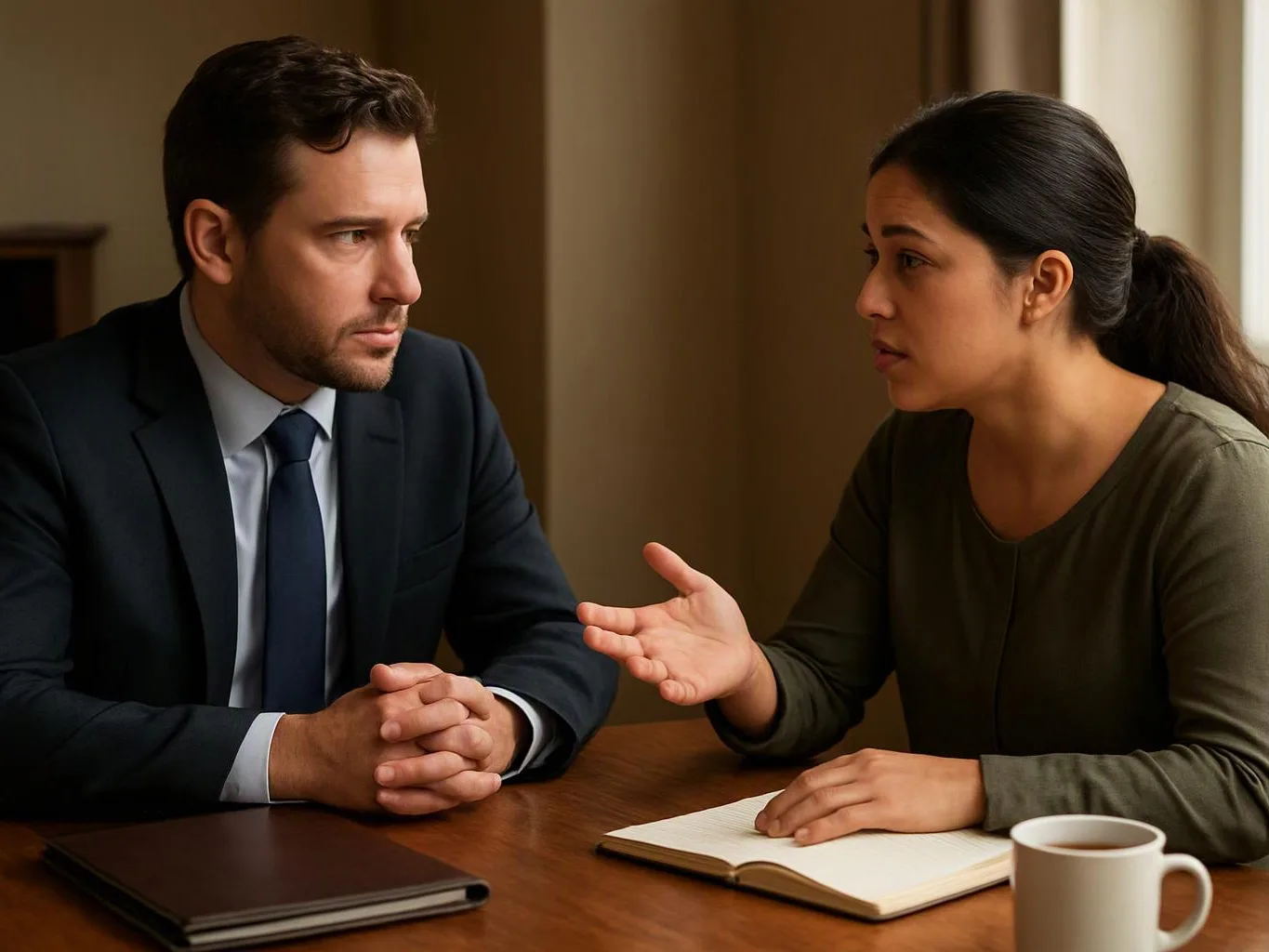 A woman gestures while speaking to a man across a wooden table with a notebook and coffee cup indoors