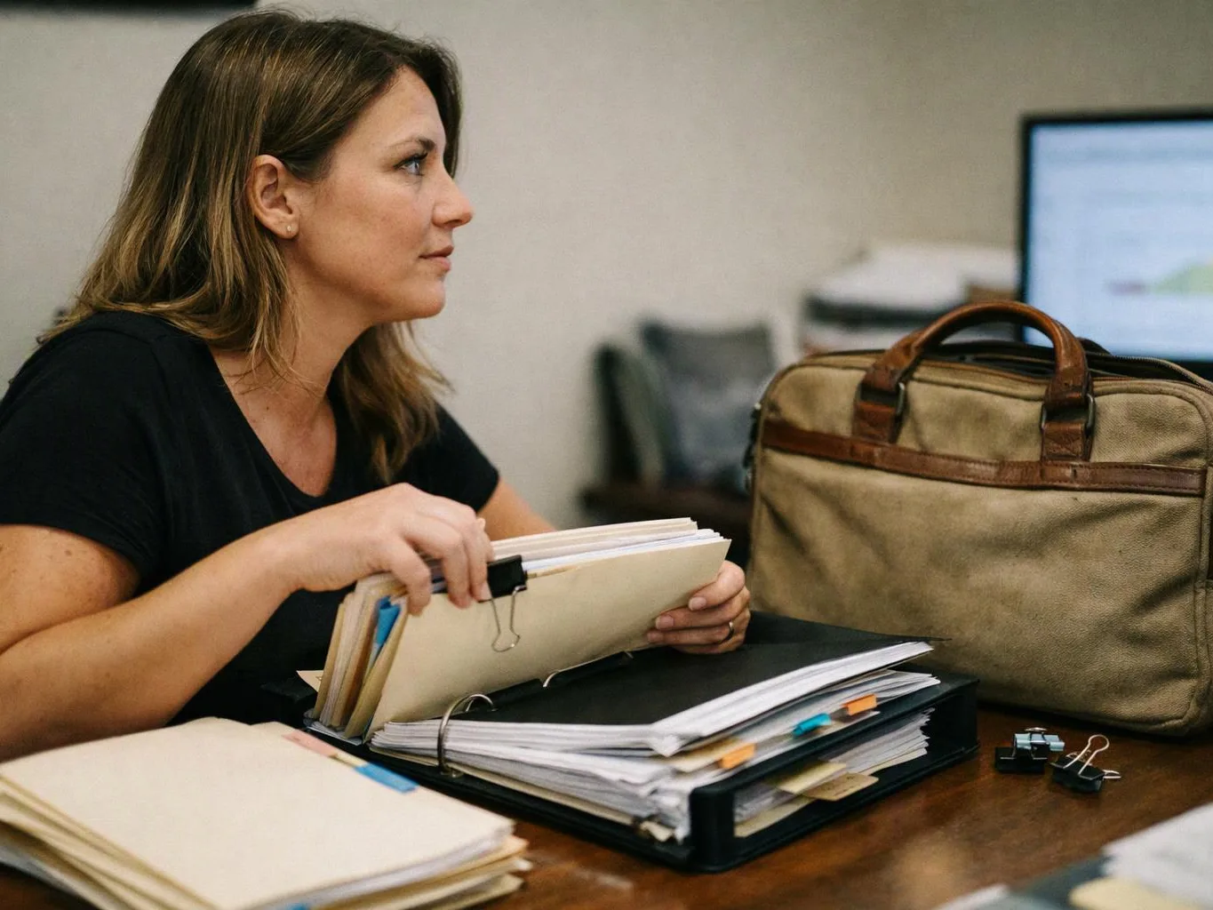 A woman reviews paper files at a desk beside a tan briefcase and a computer monitor