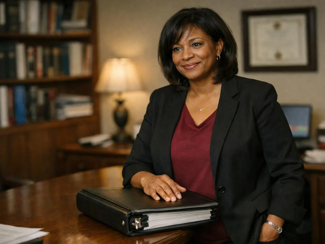 A woman smiles beside a thick binder in a warm office with bookshelves, a lamp, and a desk