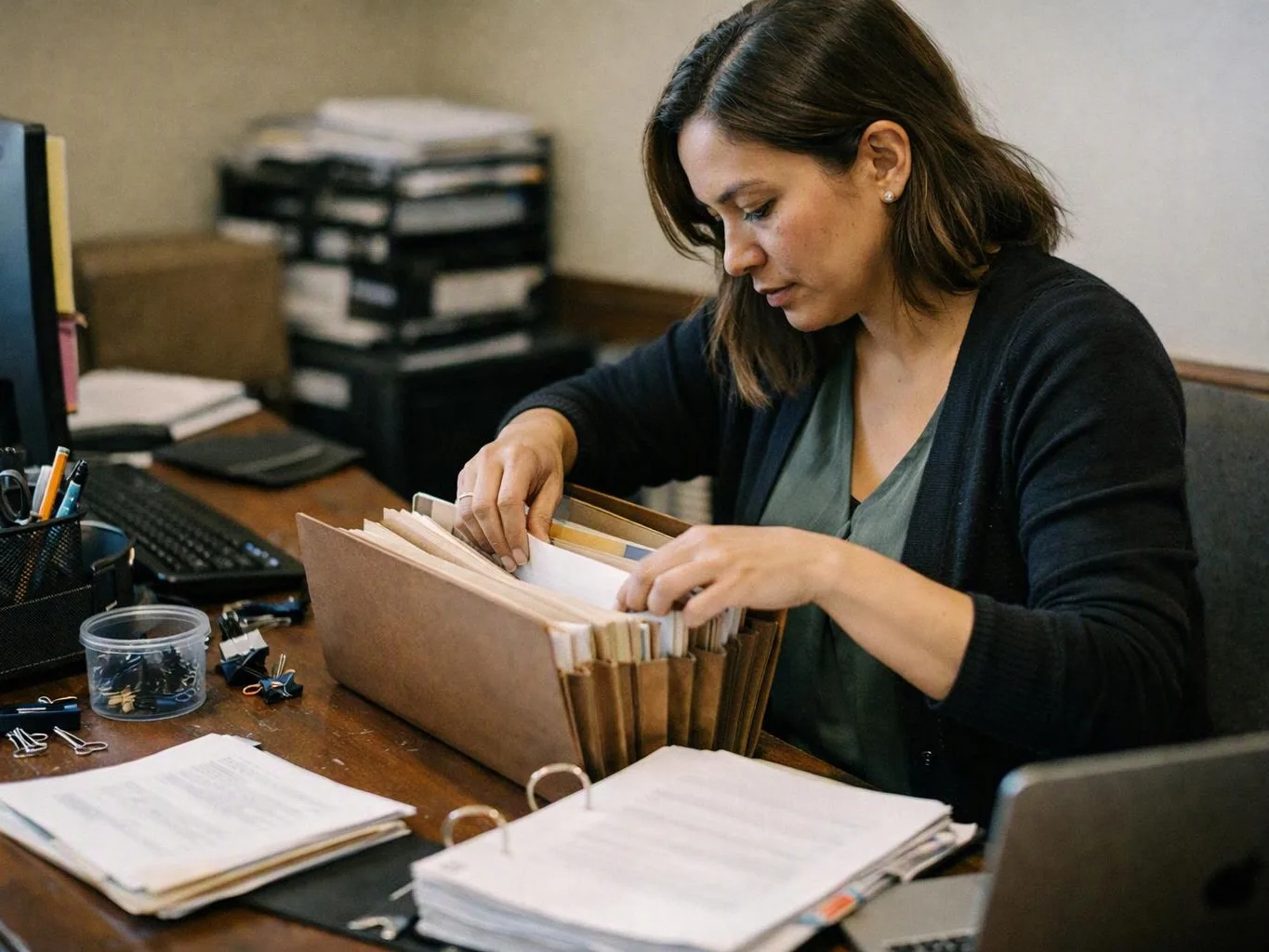 A woman sorts paper files at a desk in an office, with binders, a keyboard, and computer equipment nearby