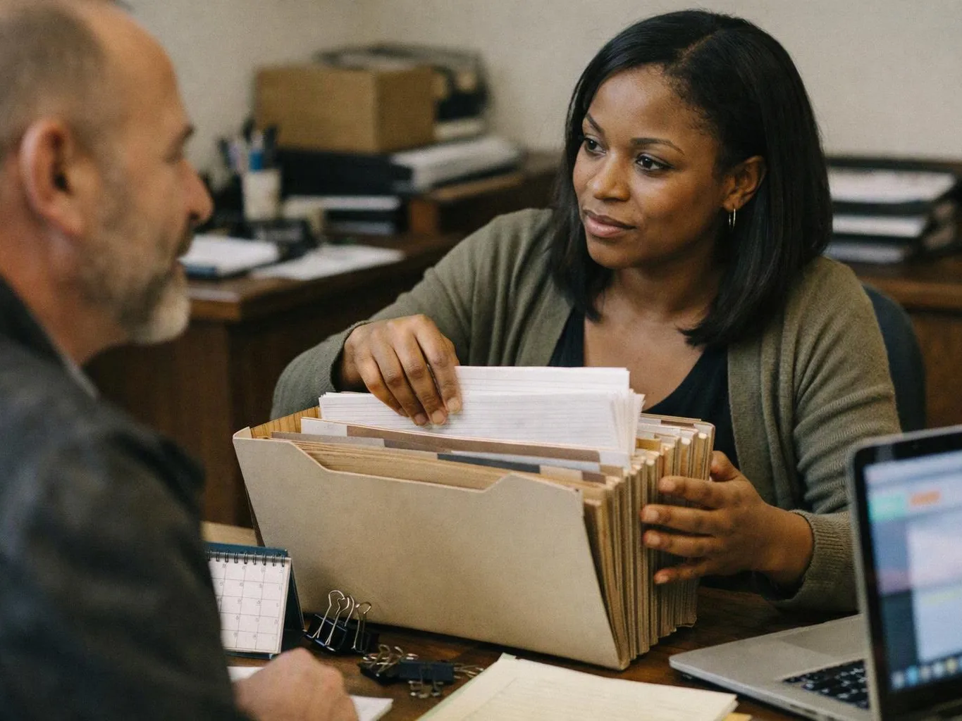 A woman sorts paper files in a desk office while speaking with a man across from her