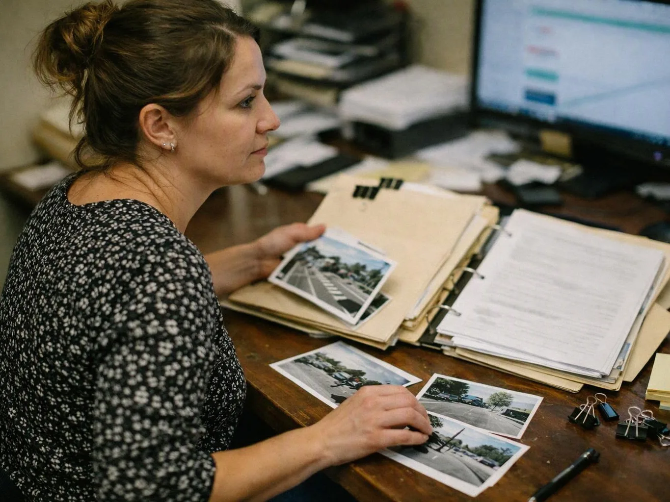 A woman sorts photo prints and paperwork at a cluttered desk beside a computer monitor