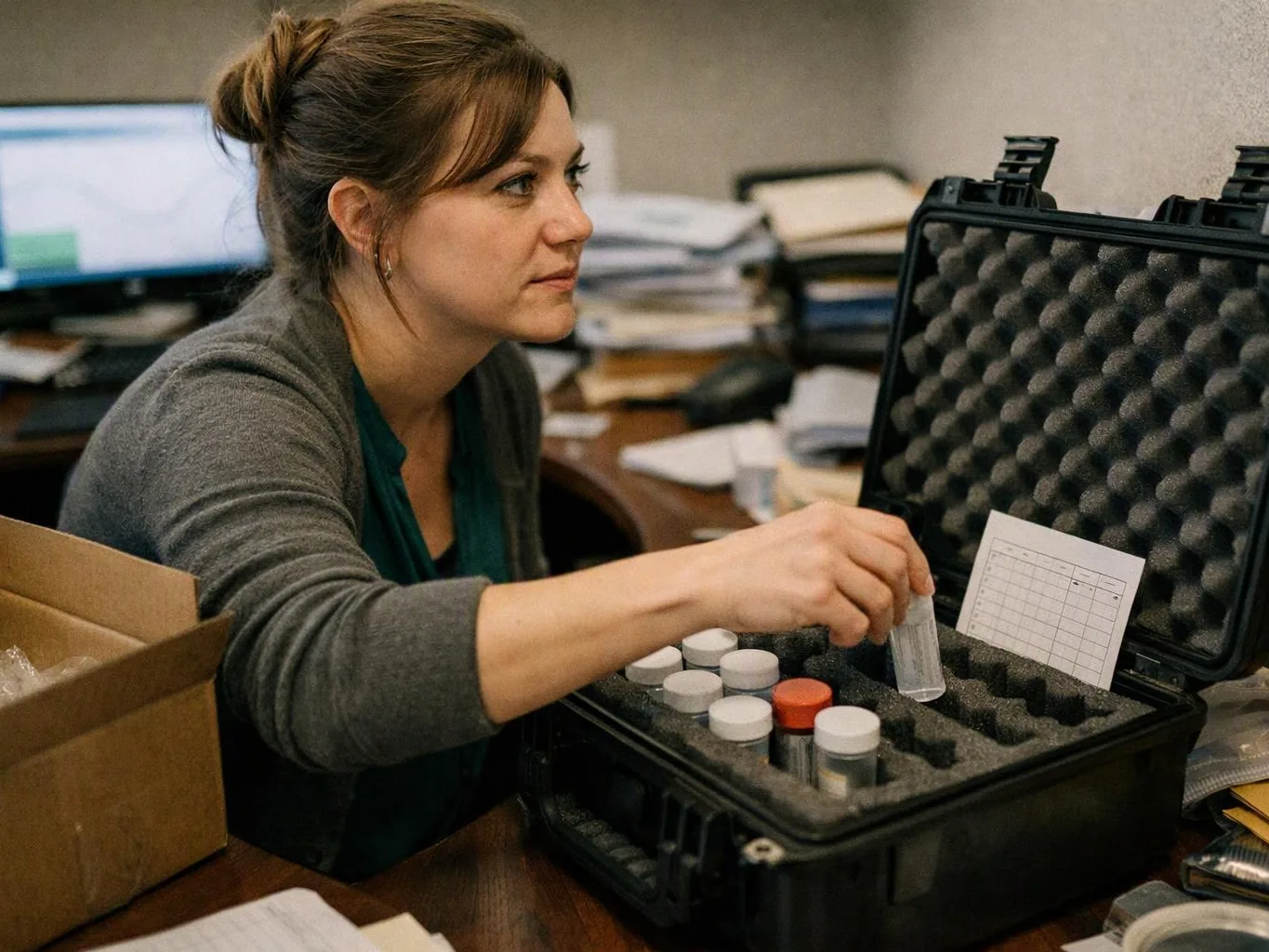 A woman sorts small sample vials into a foam-lined case at a cluttered desk in an office