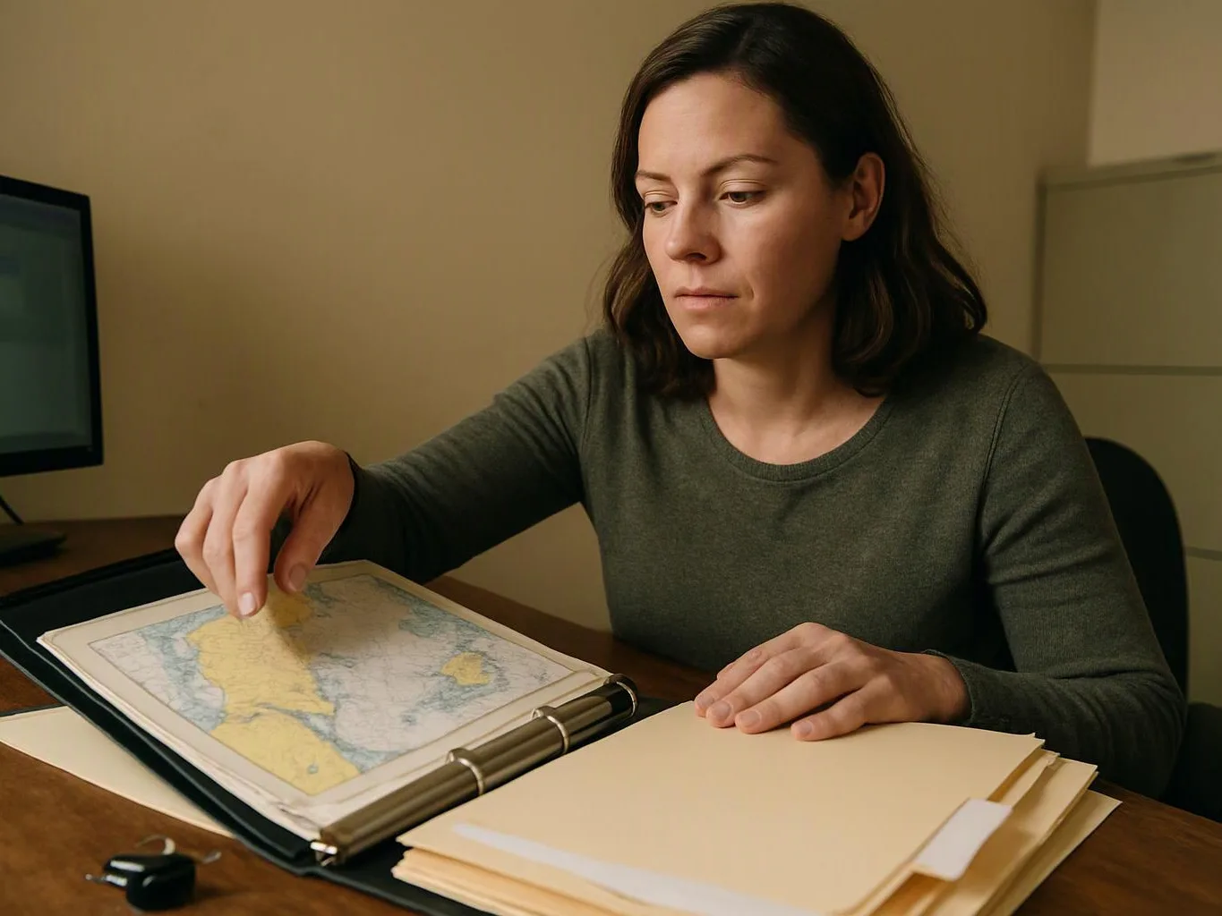 A woman studies a map in a binder at a desk, with blank folders and a computer monitor nearby