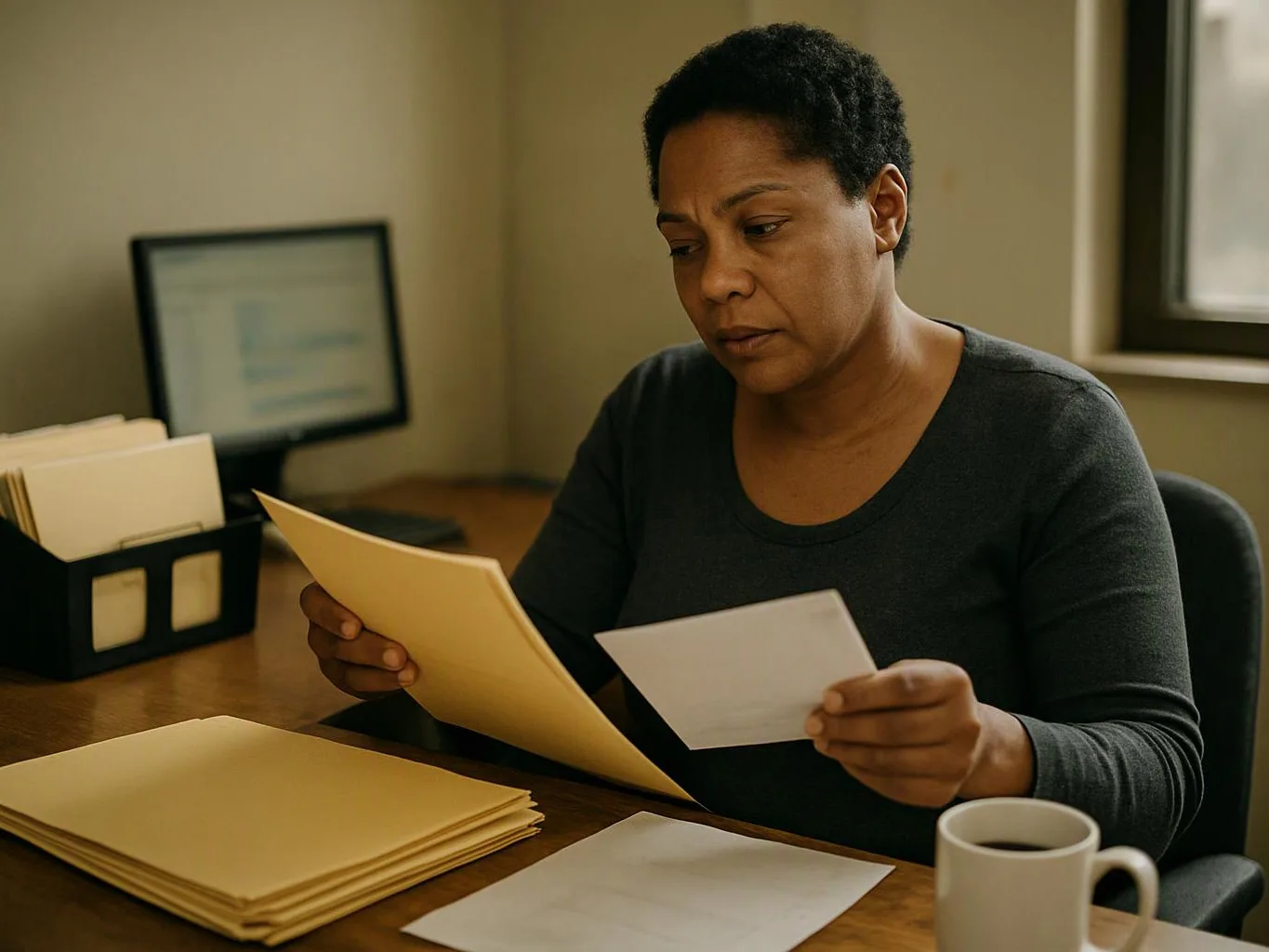 A woman studies papers at a desk with folders, a computer, and a coffee mug in a small office