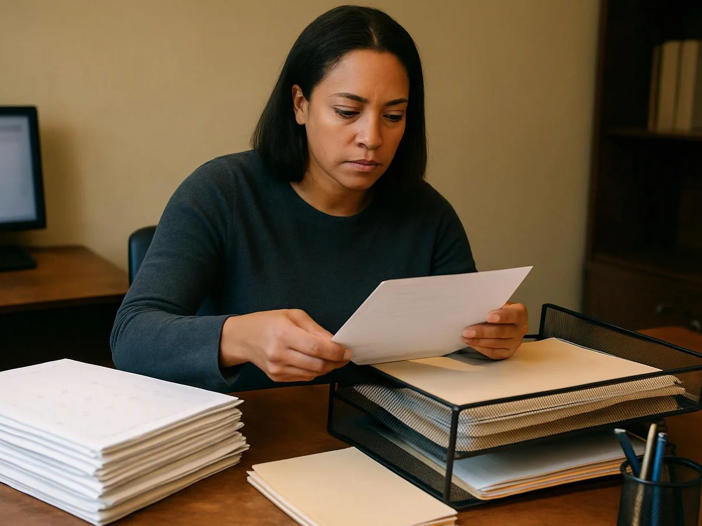 A woman studies a sheet of paper at a desk piled with folders and stacked documents