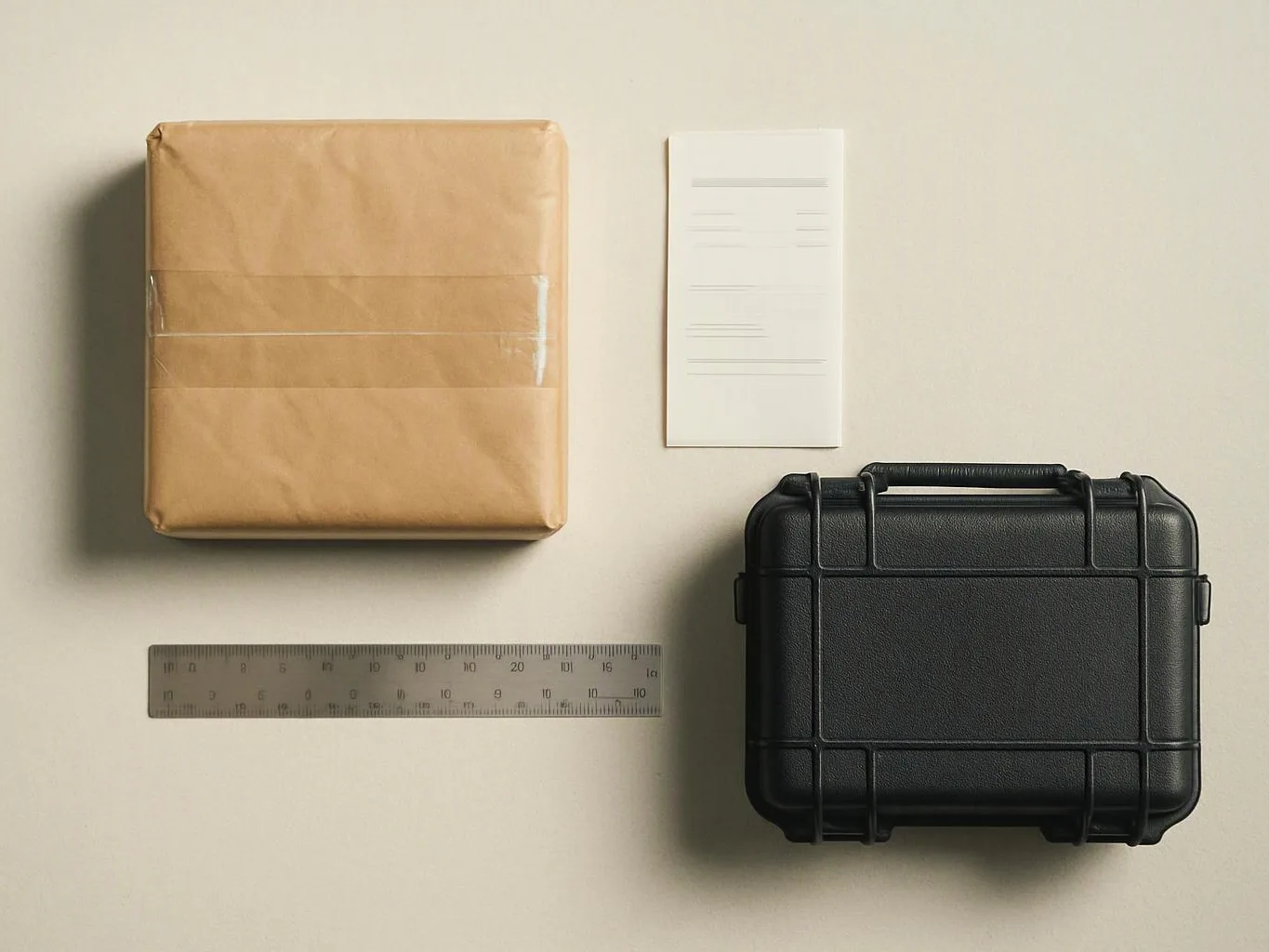 A wrapped cardboard box, a small paper sheet, a ruler, and a black hard case sit on a light background