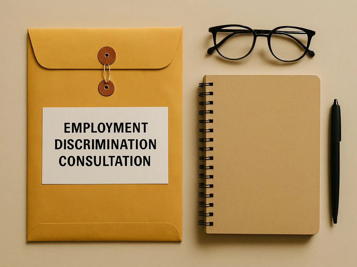 A yellow folder labeled “EMPLOYMENT DISCRIMINATION CONSULTATION” sits beside glasses, a notebook